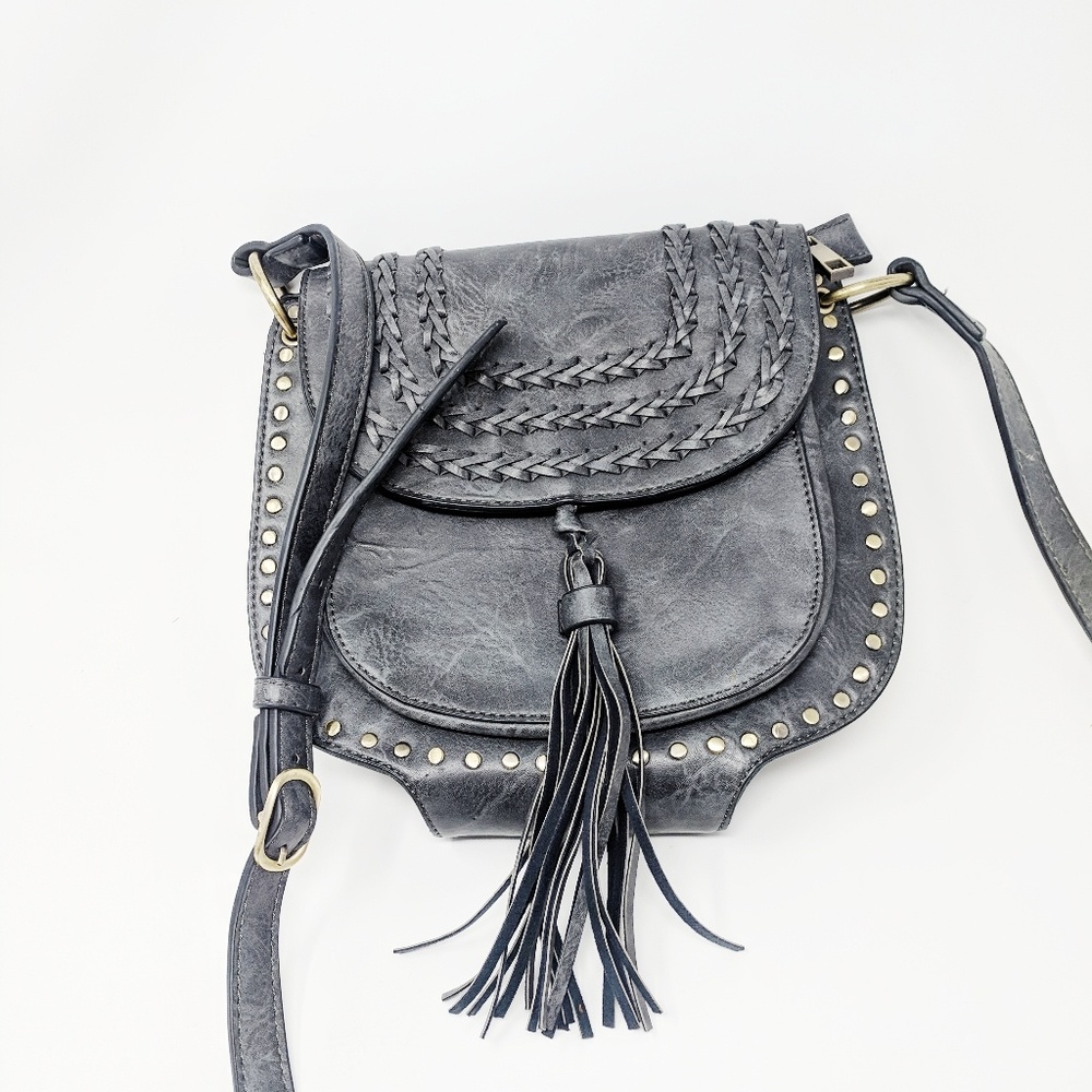 Gray Faux Leather Tassle Adjustable Crossbody Bag